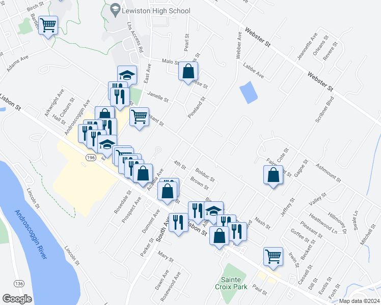 map of restaurants, bars, coffee shops, grocery stores, and more near 253 Webber Avenue in Lewiston