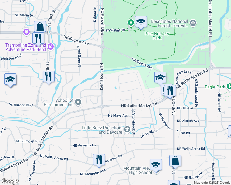 map of restaurants, bars, coffee shops, grocery stores, and more near 3291 Northeast Stonebrook Drive in Bend