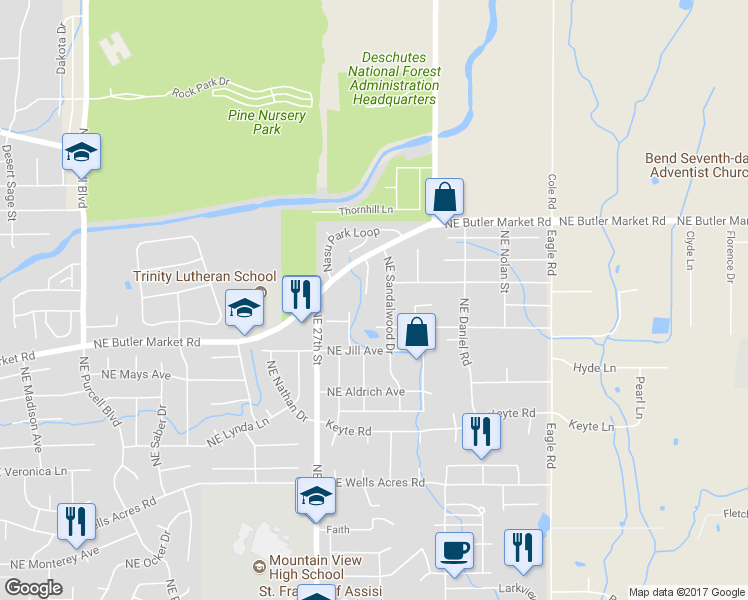 map of restaurants, bars, coffee shops, grocery stores, and more near 3384 Northeast Marys Grace Lane in Bend