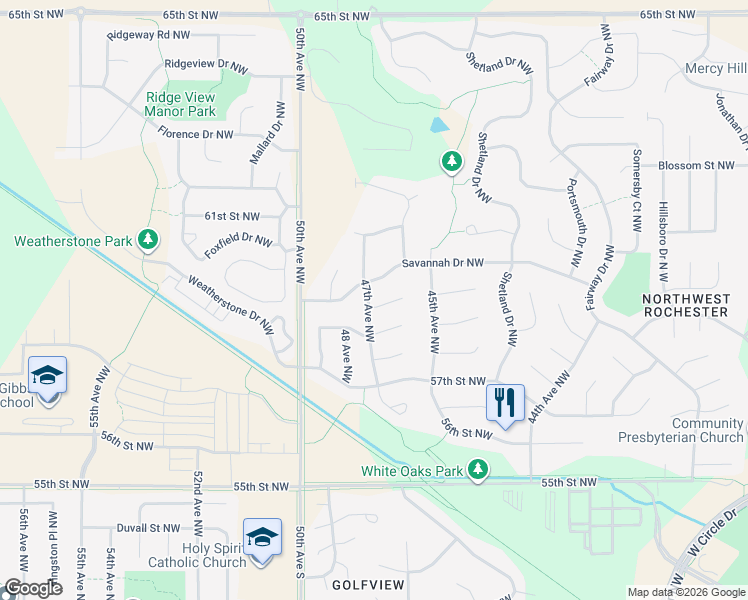map of restaurants, bars, coffee shops, grocery stores, and more near 4611 Acorn Lane Northwest in Rochester
