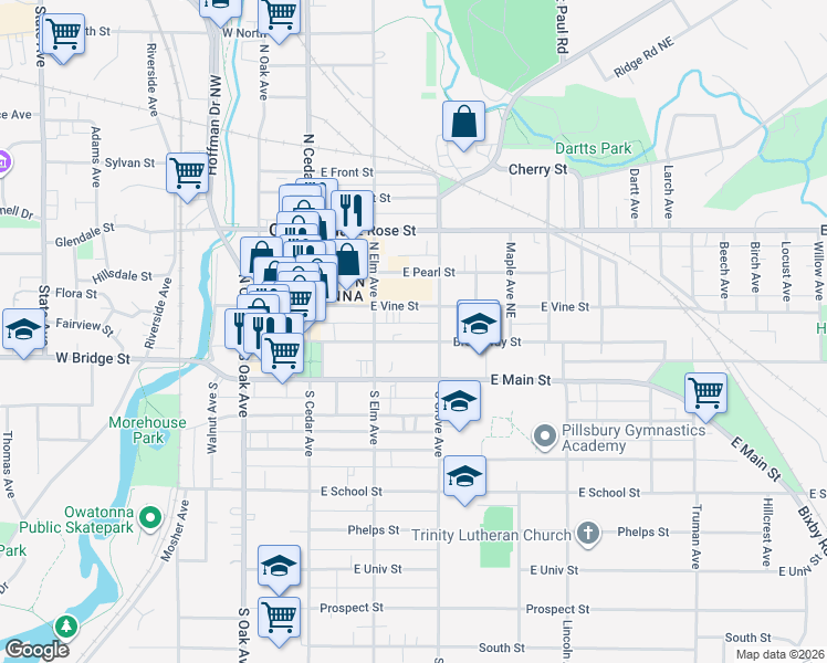 map of restaurants, bars, coffee shops, grocery stores, and more near 234 Broadway Street in Owatonna