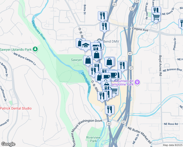 map of restaurants, bars, coffee shops, grocery stores, and more near 62930 O. B. Riley Road in Bend