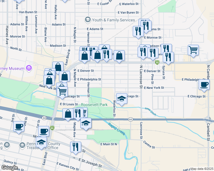 map of restaurants, bars, coffee shops, grocery stores, and more near 304 East New York Street in Rapid City