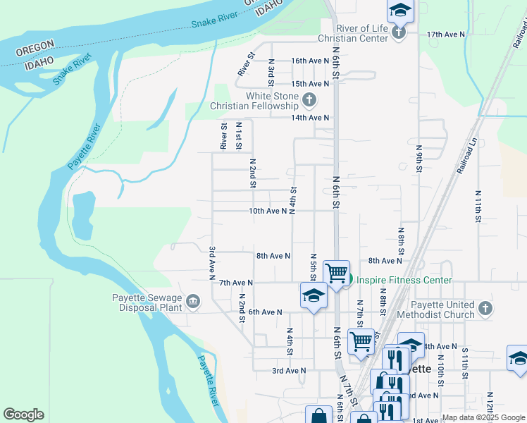 map of restaurants, bars, coffee shops, grocery stores, and more near 222 10th Avenue North in Payette