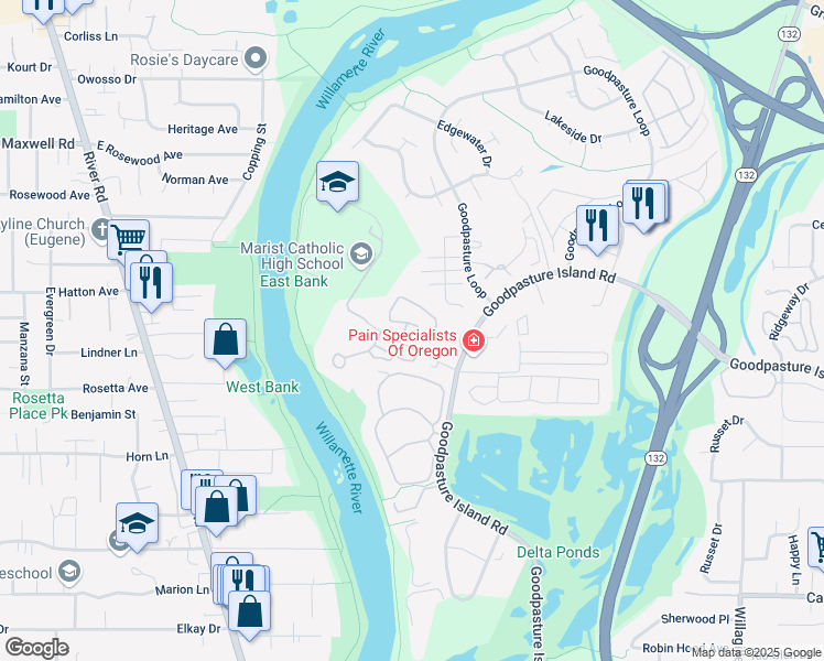 map of restaurants, bars, coffee shops, grocery stores, and more near 1861 Kingsley Road in Eugene