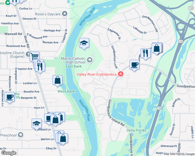 map of restaurants, bars, coffee shops, grocery stores, and more near 1885 Riverwood Drive in Eugene