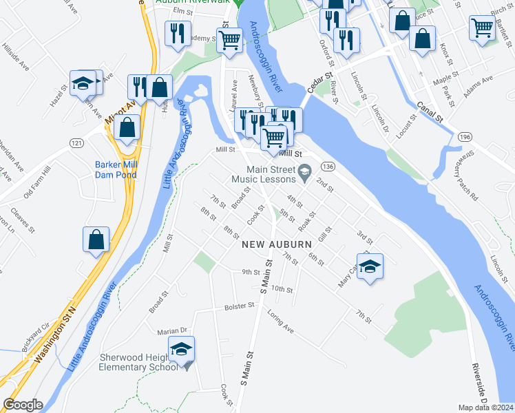 map of restaurants, bars, coffee shops, grocery stores, and more near 57 Cook Street in Auburn