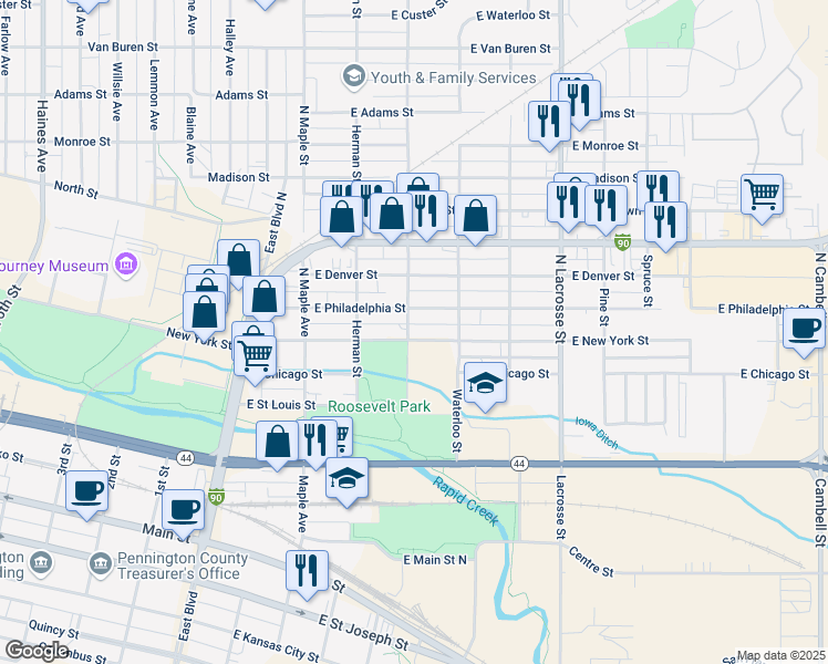 map of restaurants, bars, coffee shops, grocery stores, and more near 304 East New York Street in Rapid City