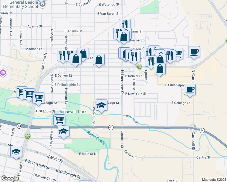 map of restaurants, bars, coffee shops, grocery stores, and more near 512 East New York Street in Rapid City