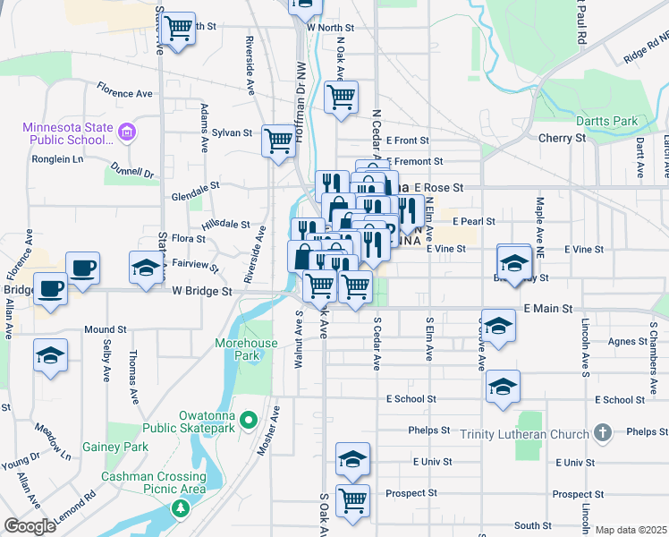 map of restaurants, bars, coffee shops, grocery stores, and more near 146 West Broadway Street in Owatonna