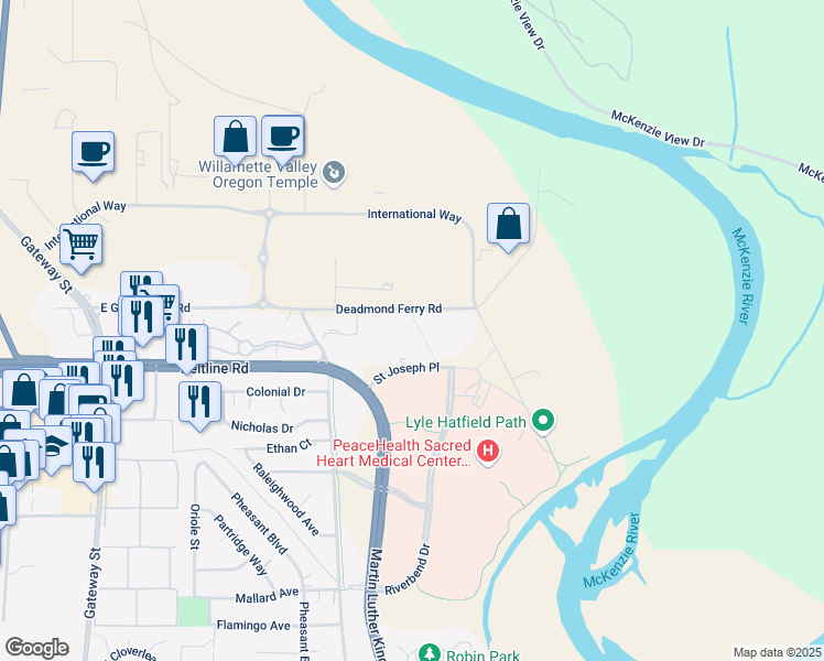 map of restaurants, bars, coffee shops, grocery stores, and more near 311 Deadmond Ferry Road in Springfield
