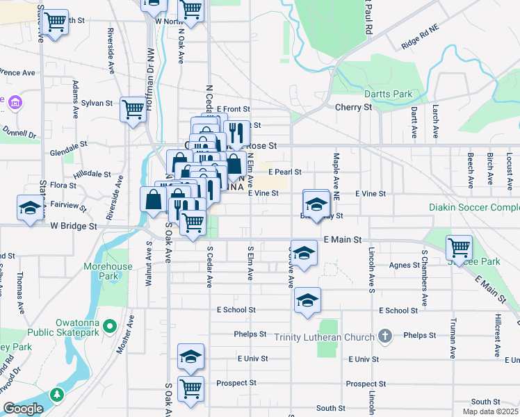 map of restaurants, bars, coffee shops, grocery stores, and more near 105 North Elm Avenue in Owatonna