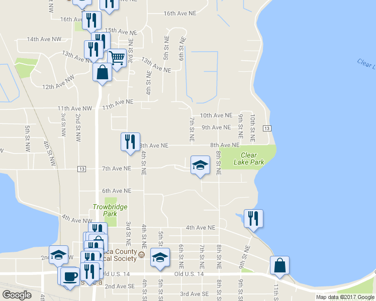 map of restaurants, bars, coffee shops, grocery stores, and more near 614 8th Avenue Northeast in Waseca