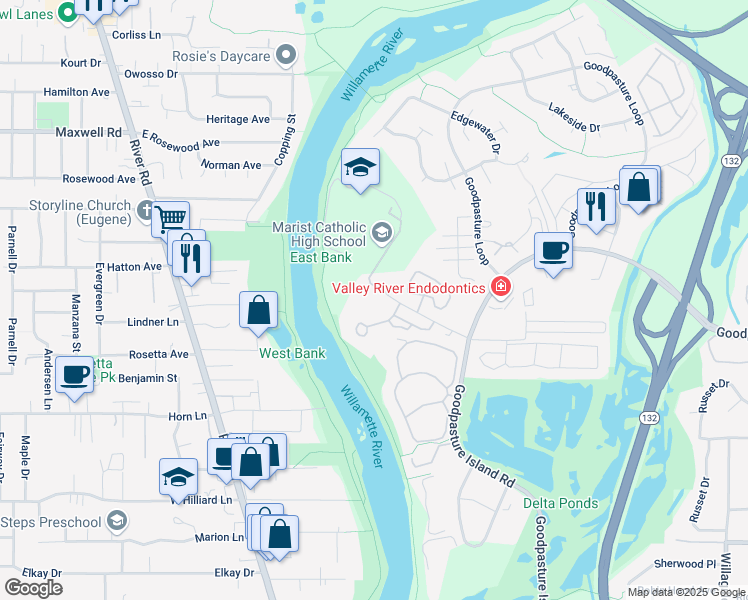 map of restaurants, bars, coffee shops, grocery stores, and more near 690 Kingsley Road in Eugene