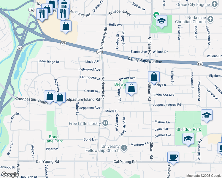 map of restaurants, bars, coffee shops, grocery stores, and more near 1665 Linnea Avenue in Eugene