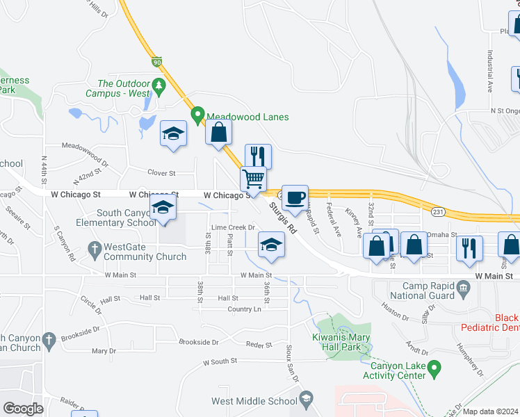map of restaurants, bars, coffee shops, grocery stores, and more near 3515 Sturgis Road in Rapid City