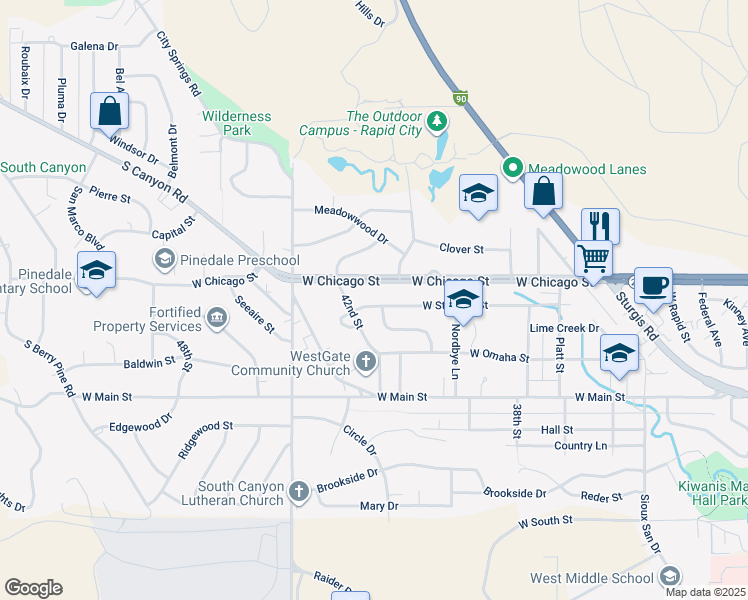 map of restaurants, bars, coffee shops, grocery stores, and more near 4208 West Saint Louis Street in Rapid City