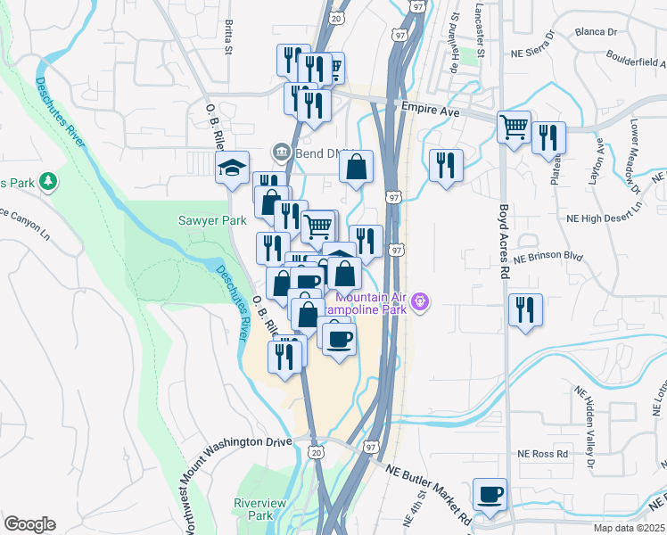 map of restaurants, bars, coffee shops, grocery stores, and more near 100 Northeast Bend River Mall Drive in Bend