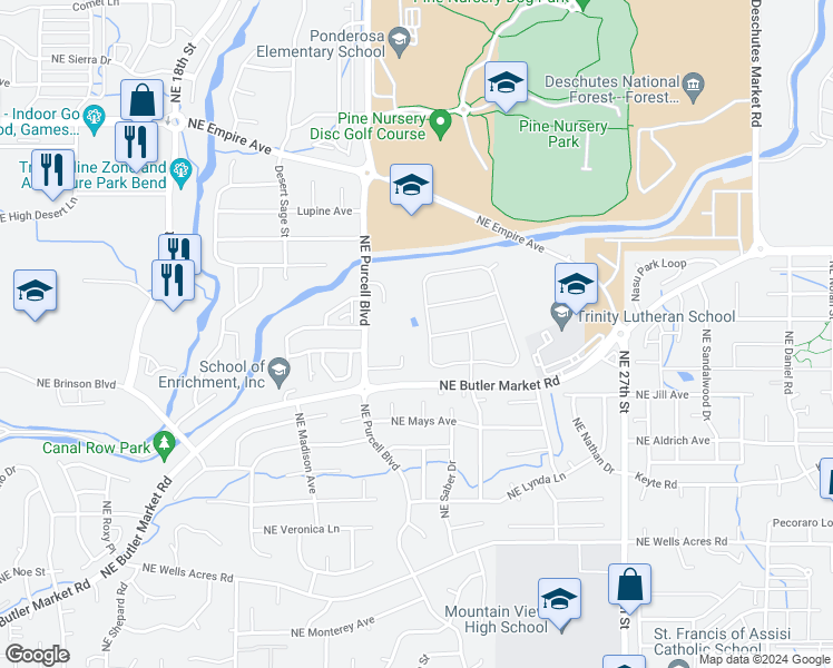 map of restaurants, bars, coffee shops, grocery stores, and more near 3291 Northeast Stonebrook Drive in Bend