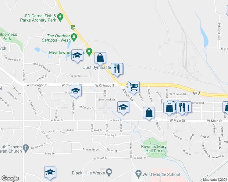 map of restaurants, bars, coffee shops, grocery stores, and more near 151 Trail View Drive in Rapid City