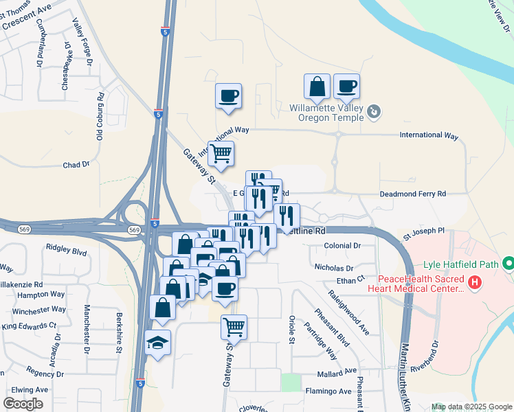 map of restaurants, bars, coffee shops, grocery stores, and more near 876 Beltline Road in Springfield