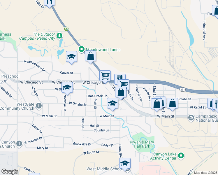 map of restaurants, bars, coffee shops, grocery stores, and more near 151 Trail View Drive in Rapid City