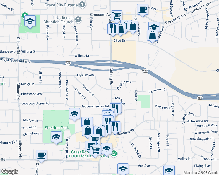 map of restaurants, bars, coffee shops, grocery stores, and more near 2802 Elysium Avenue in Eugene