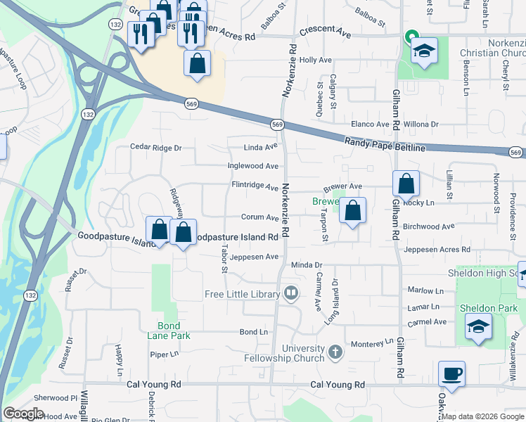 map of restaurants, bars, coffee shops, grocery stores, and more near 1491 Corum Avenue in Eugene