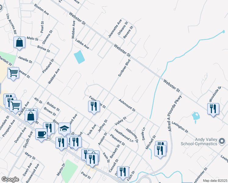 map of restaurants, bars, coffee shops, grocery stores, and more near 201 Scribner Boulevard in Lewiston