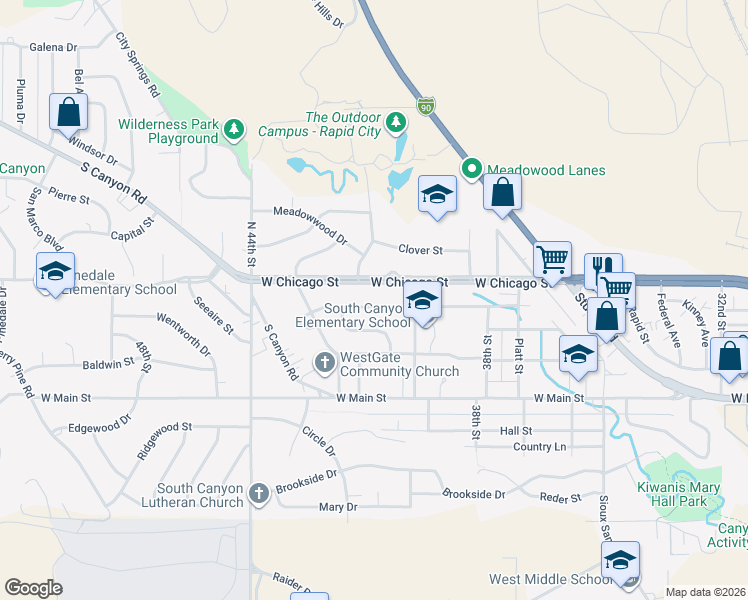 map of restaurants, bars, coffee shops, grocery stores, and more near 4036 West Saint Louis Street in Rapid City