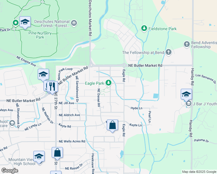 map of restaurants, bars, coffee shops, grocery stores, and more near 62891 Northeast Nolan Street in Bend