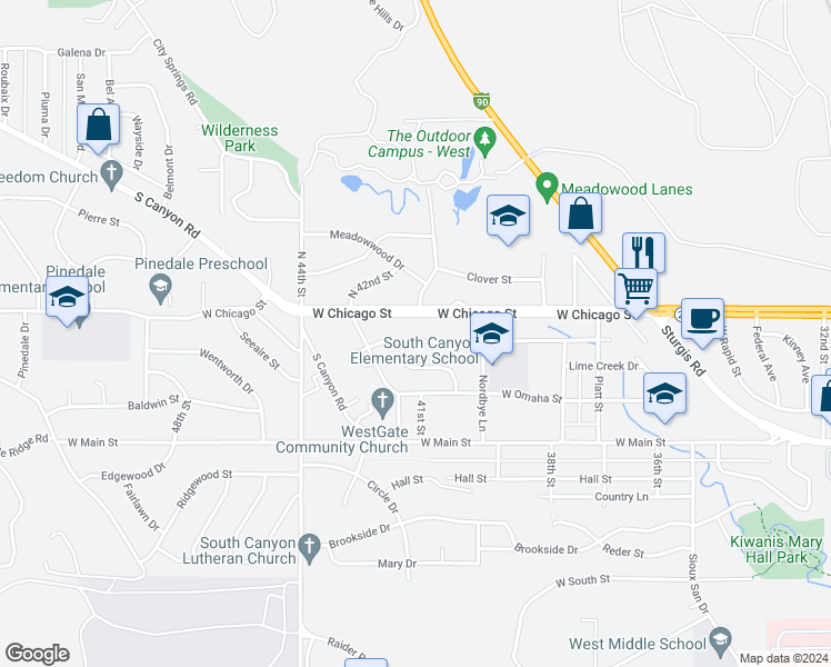 map of restaurants, bars, coffee shops, grocery stores, and more near 4114 West Saint Louis Street in Rapid City