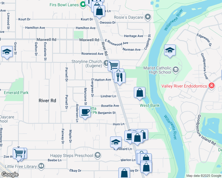 map of restaurants, bars, coffee shops, grocery stores, and more near 30 East Hatton Avenue in Eugene
