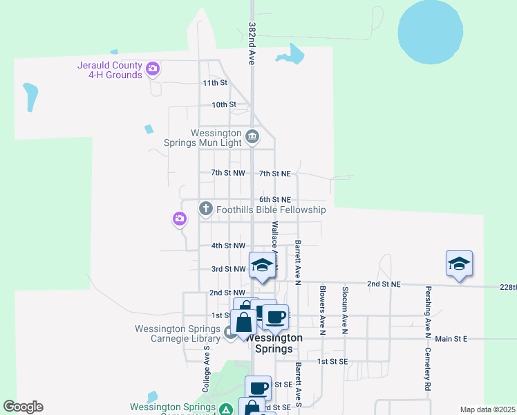 map of restaurants, bars, coffee shops, grocery stores, and more near 601-699 Dakota Ave N in Wessington Springs