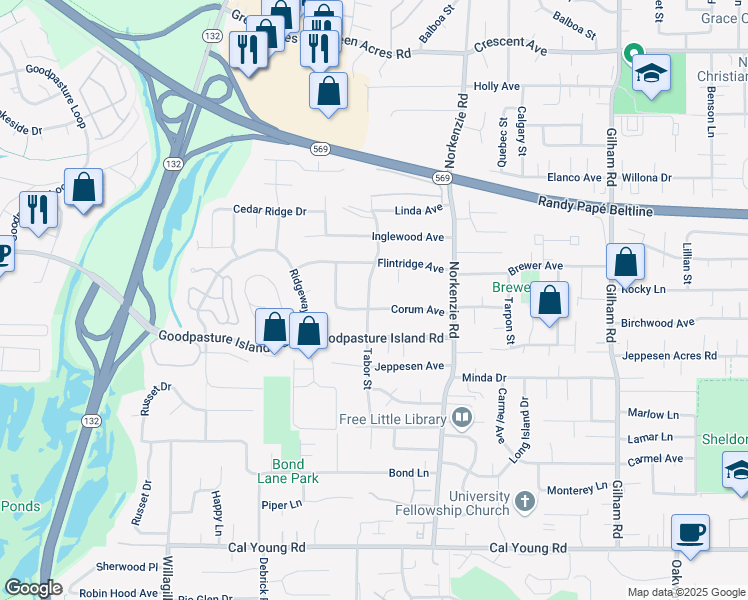 map of restaurants, bars, coffee shops, grocery stores, and more near 1405 Corum Ave in Eugene