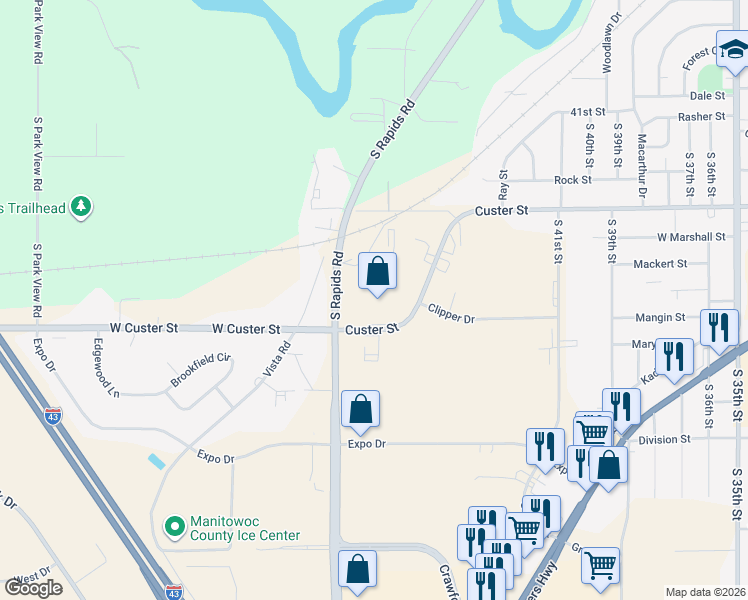 map of restaurants, bars, coffee shops, grocery stores, and more near 1235 South Rapids Road in Manitowoc