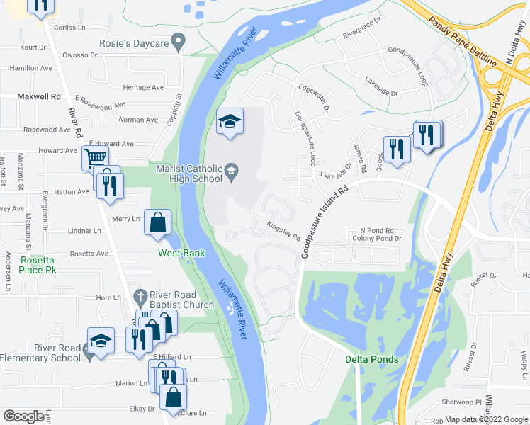 map of restaurants, bars, coffee shops, grocery stores, and more near 1811 Kingsley Road in Eugene