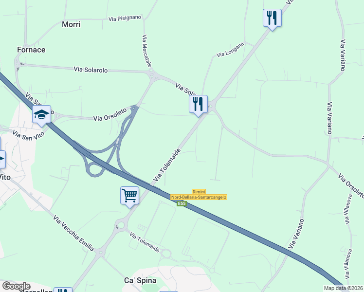 map of restaurants, bars, coffee shops, grocery stores, and more near 230 G Via Orsoleto in Rimini