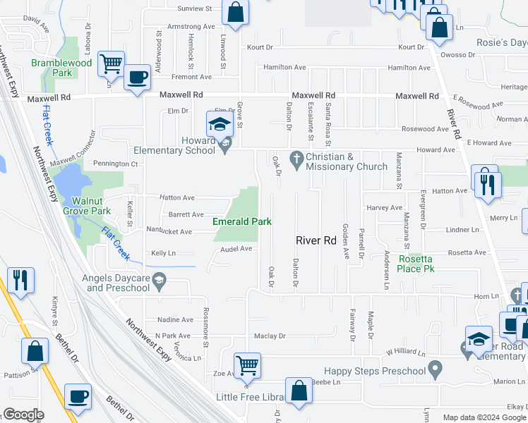 map of restaurants, bars, coffee shops, grocery stores, and more near 1367 Lake Drive in Eugene
