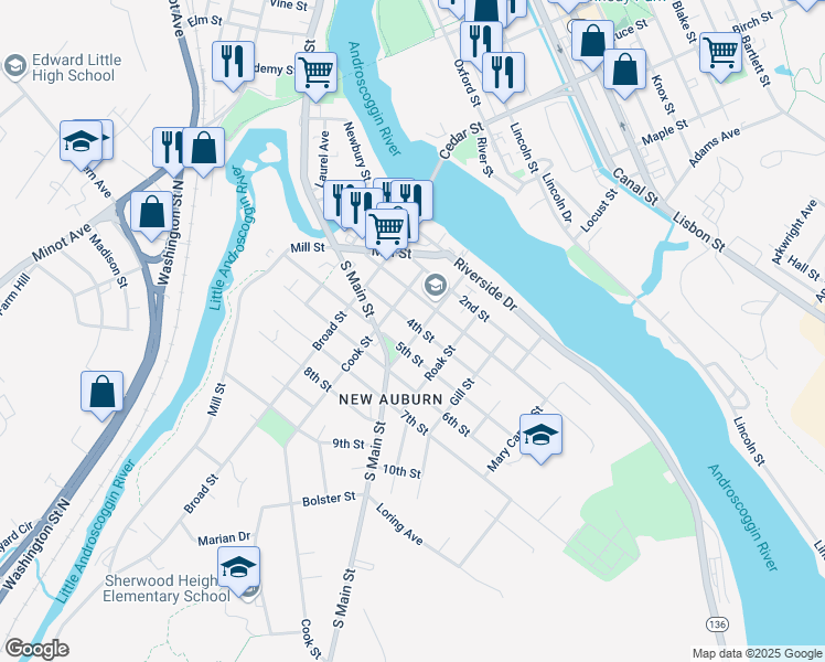 map of restaurants, bars, coffee shops, grocery stores, and more near 92 5th Street in Auburn