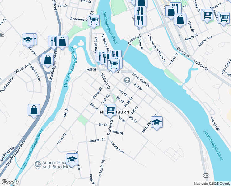 map of restaurants, bars, coffee shops, grocery stores, and more near 92 5th Street in Auburn