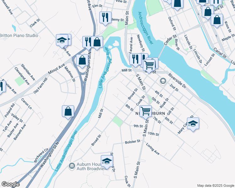 map of restaurants, bars, coffee shops, grocery stores, and more near 26 8th Street in Auburn