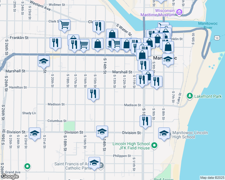 map of restaurants, bars, coffee shops, grocery stores, and more near 1211 South 13th Street in Manitowoc