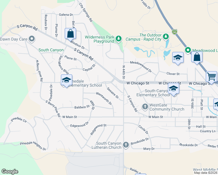 map of restaurants, bars, coffee shops, grocery stores, and more near 4447 Seeaire Street in Rapid City