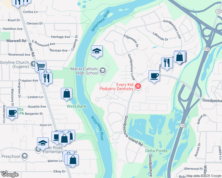 map of restaurants, bars, coffee shops, grocery stores, and more near 1885 Riverwood Drive in Eugene