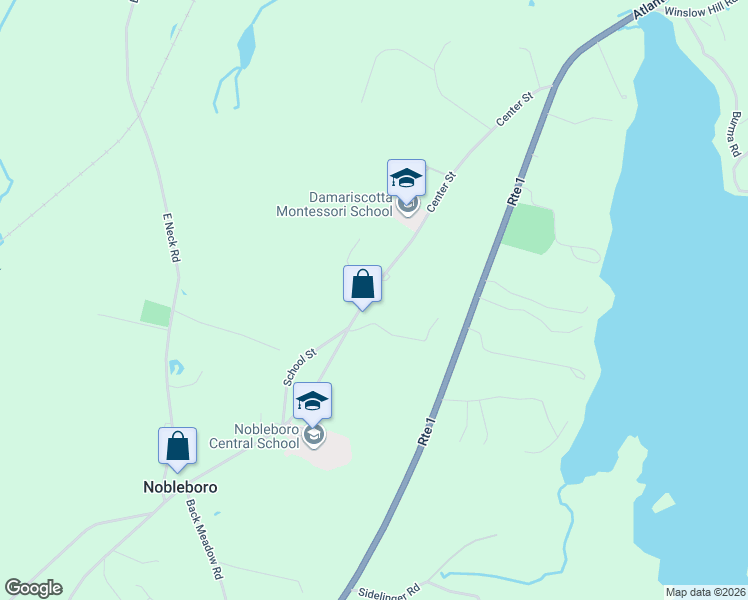 map of restaurants, bars, coffee shops, grocery stores, and more near 158 Center Street in Nobleboro