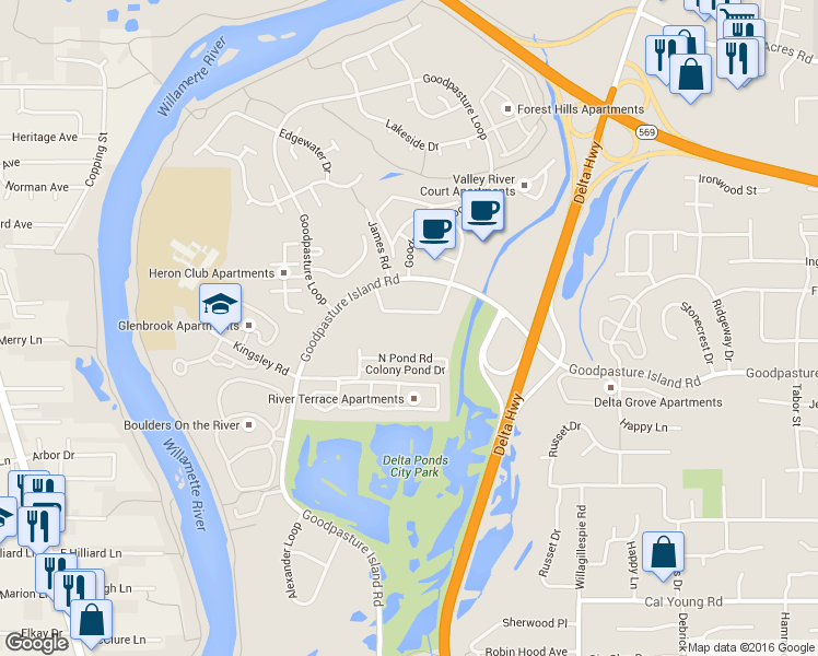 map of restaurants, bars, coffee shops, grocery stores, and more near 846 Goodpasture Island Road in Eugene
