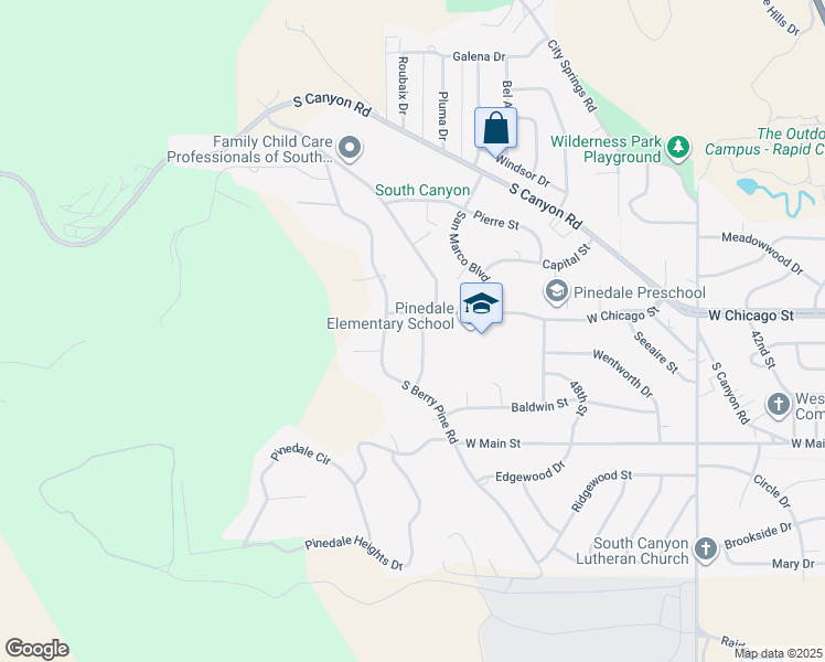 map of restaurants, bars, coffee shops, grocery stores, and more near 121 Pinedale Dr in Rapid City