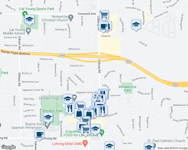 map of restaurants, bars, coffee shops, grocery stores, and more near 2775 Elysium Avenue in Eugene