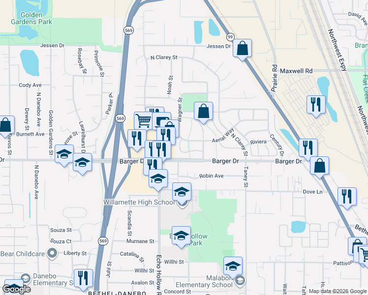 map of restaurants, bars, coffee shops, grocery stores, and more near 4175 Quest Drive in Eugene
